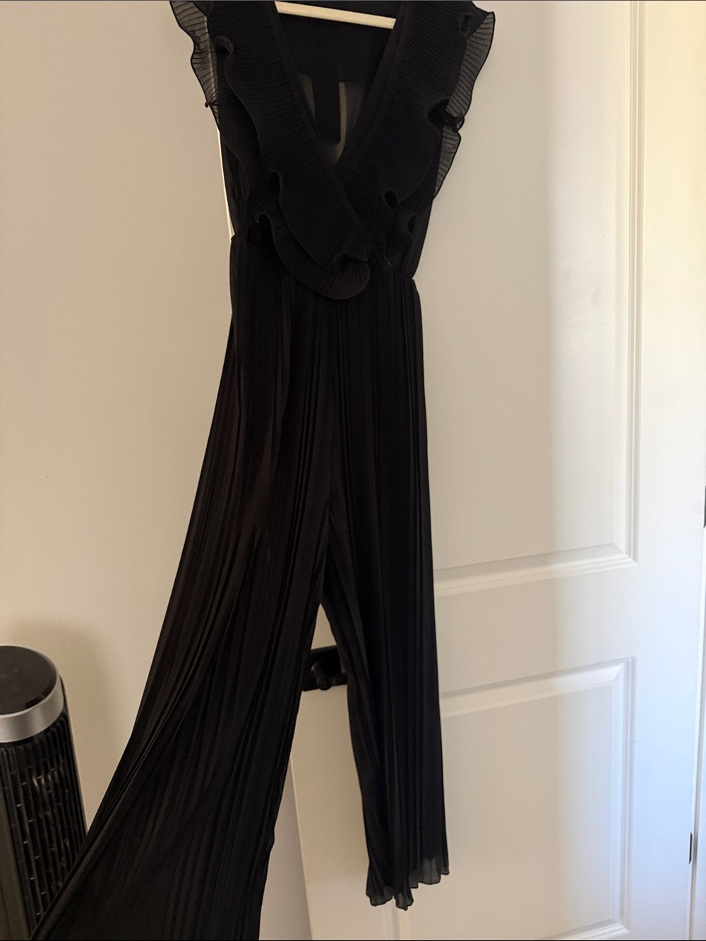 Black Pleated Wide-Leg Jumpsuit with Ruffle V-Neck